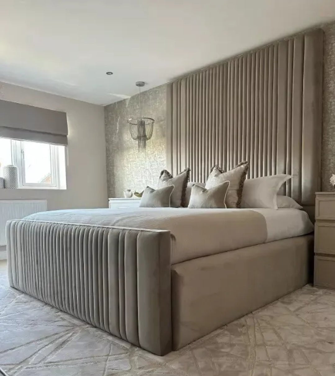 High Headboard Bed Designer Wall Panel Gas Lift Storage Double, King Size, Super king - Sam Beds