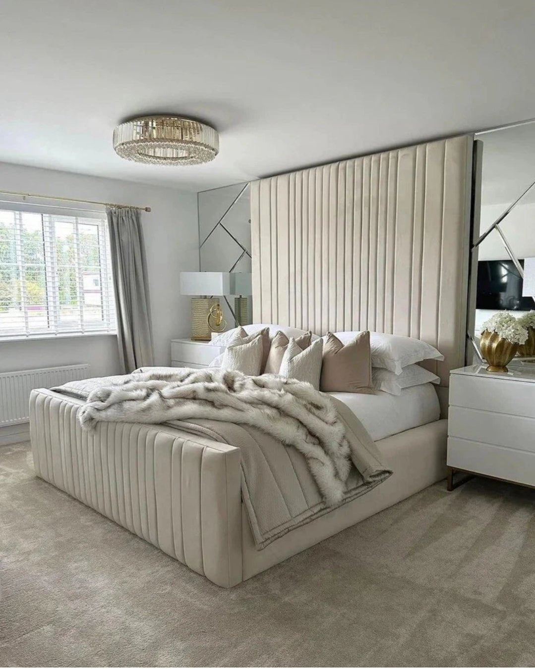 High Headboard Bed Designer Wall Panel Gas Lift Storage Double, King Size, Super king - Sam Beds