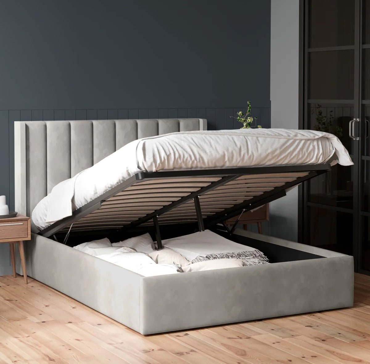 WINGED PANEL BED Frame Plush Velvet Upholstered Ottoman Gas Lift WINGED PANEL BED Frame Plush Velvet Upholstered Ottoman Gas Lift
