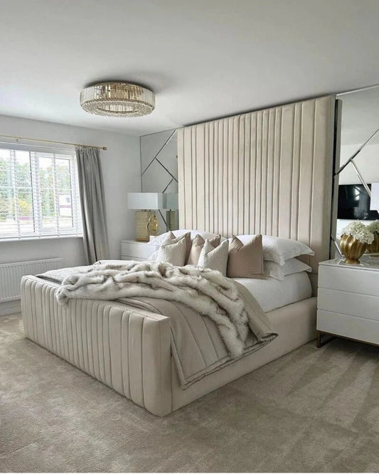 High Headboard Bed Designer Wall Panel Gas Lift Storage Double, King Size, Super king - Sam Beds